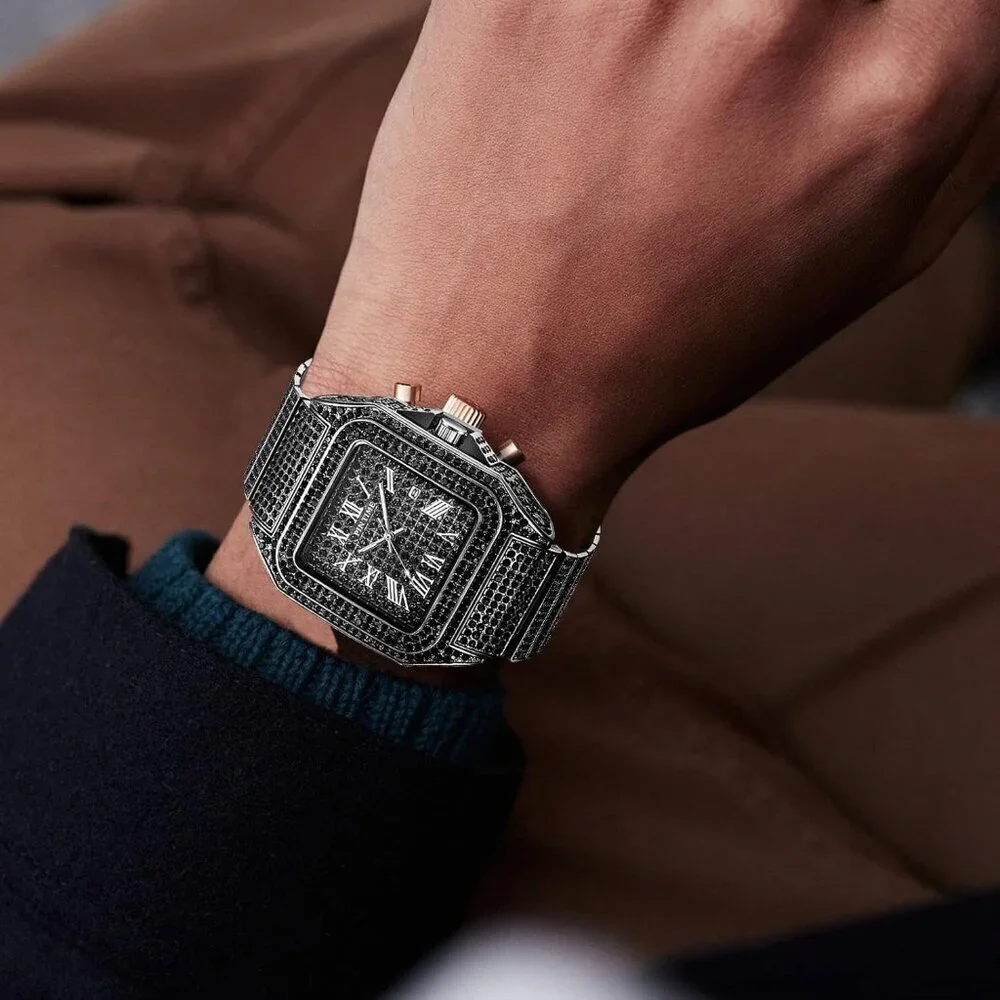 Men's Black Crystal Bling Rectangle Case Stainless Steel Quartz Analog Watch